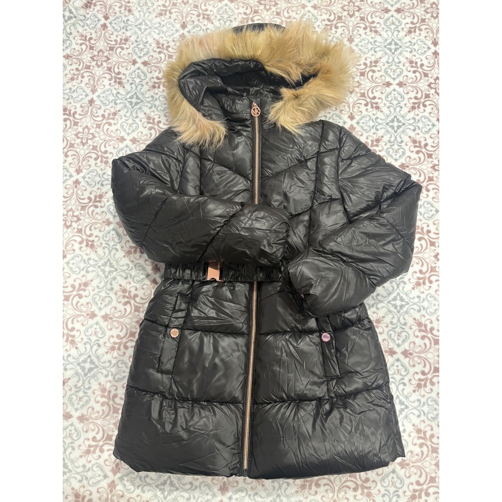 Michael Kors Girls Black Puffer Parka Faux Fur Hood Rose Gold Hardware Size 16